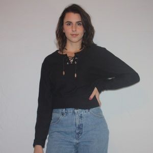 EARTHBOUND BLACK LACE UP FRONT LONG SLEEVE TOP